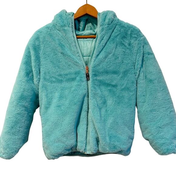 Nautica Girls 12/14 Reversible Teal Fuzzy Hooded Full Zip Warm Winter Jacket - Picture 4 of 11